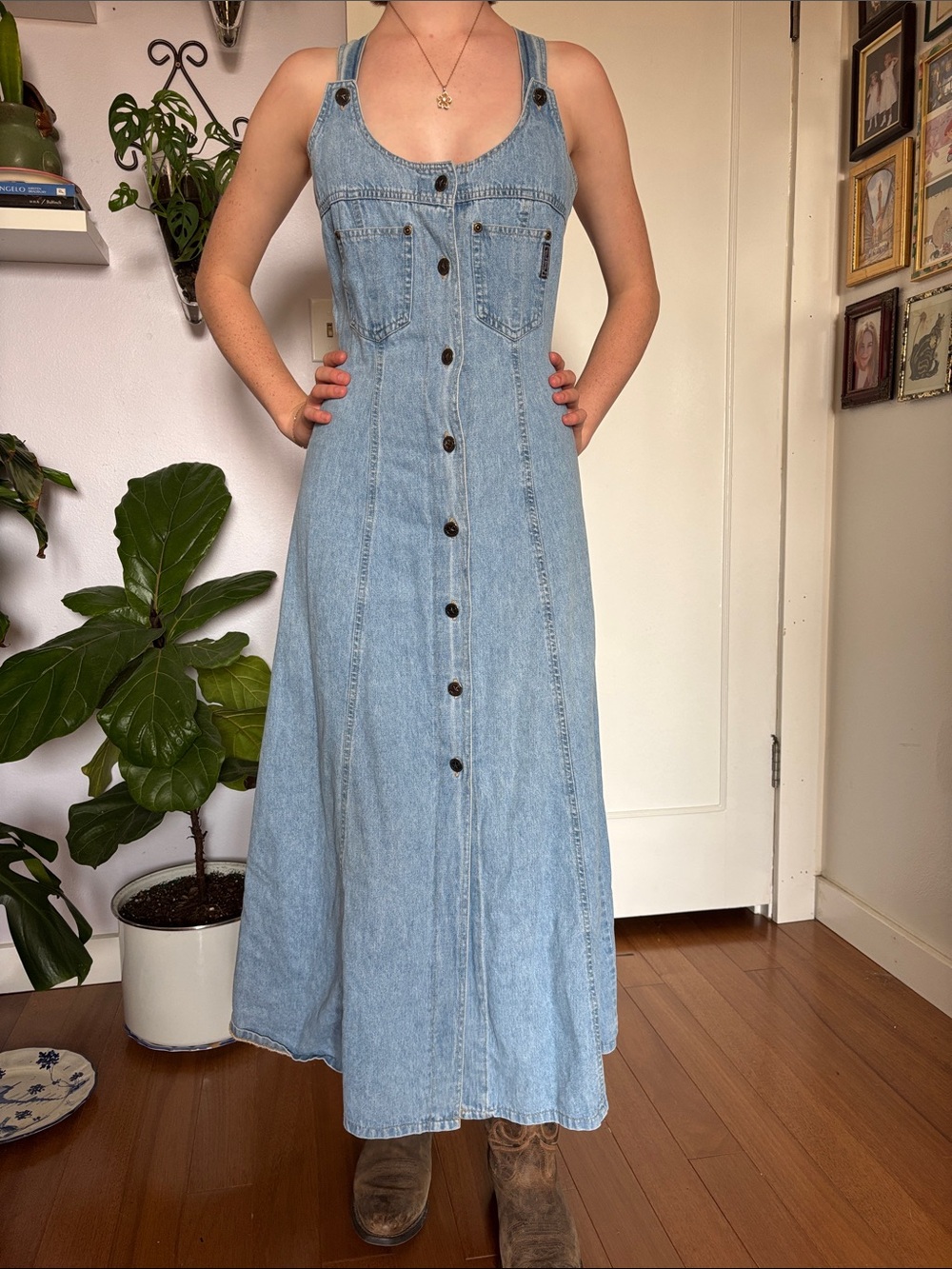 Light Blue Denim Button-Front Maxi Dress